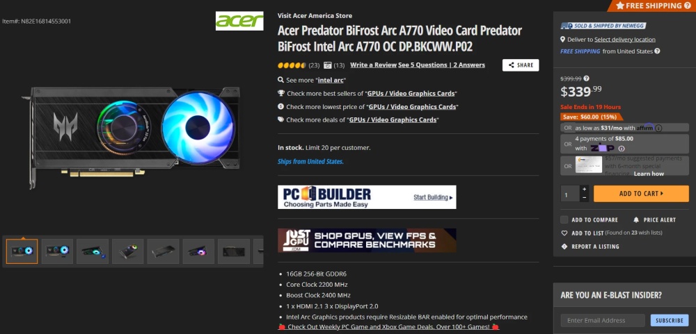 Acer Predator BiFrost Arc A770 стоит 339 долларов - это самая доступная видеокарта с 16 ГБ памяти