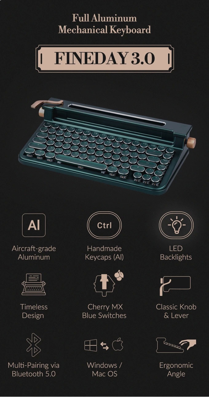 Беспроводная клавиатура Fineday 3.0 Aluminum Edition в виде печатной машинки