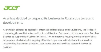 Acer решила приостановить свой бизнес в России